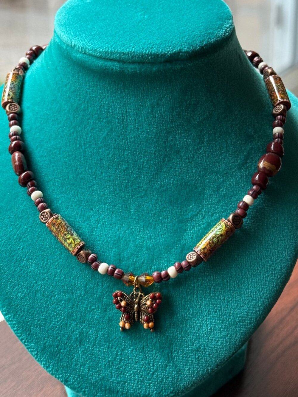 Eclectic Beaded Butterfly Necklace with Reclaimed Beads and Mood Beads